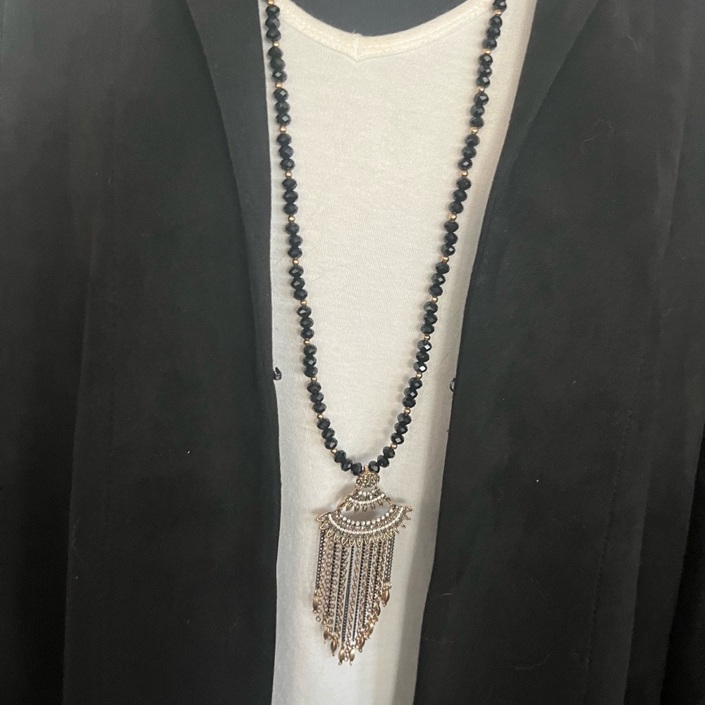 Black Bead Tassel Necklace